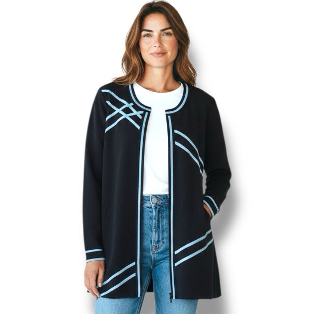 Misook Black Blue Trim Open Front Knit Cardigan Jacket Size M